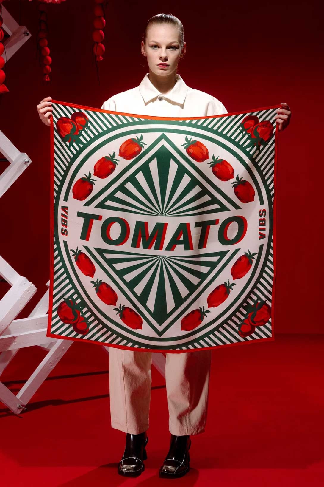 Tomato Silk Scarf White Red Tomato Can in Red The Shelter