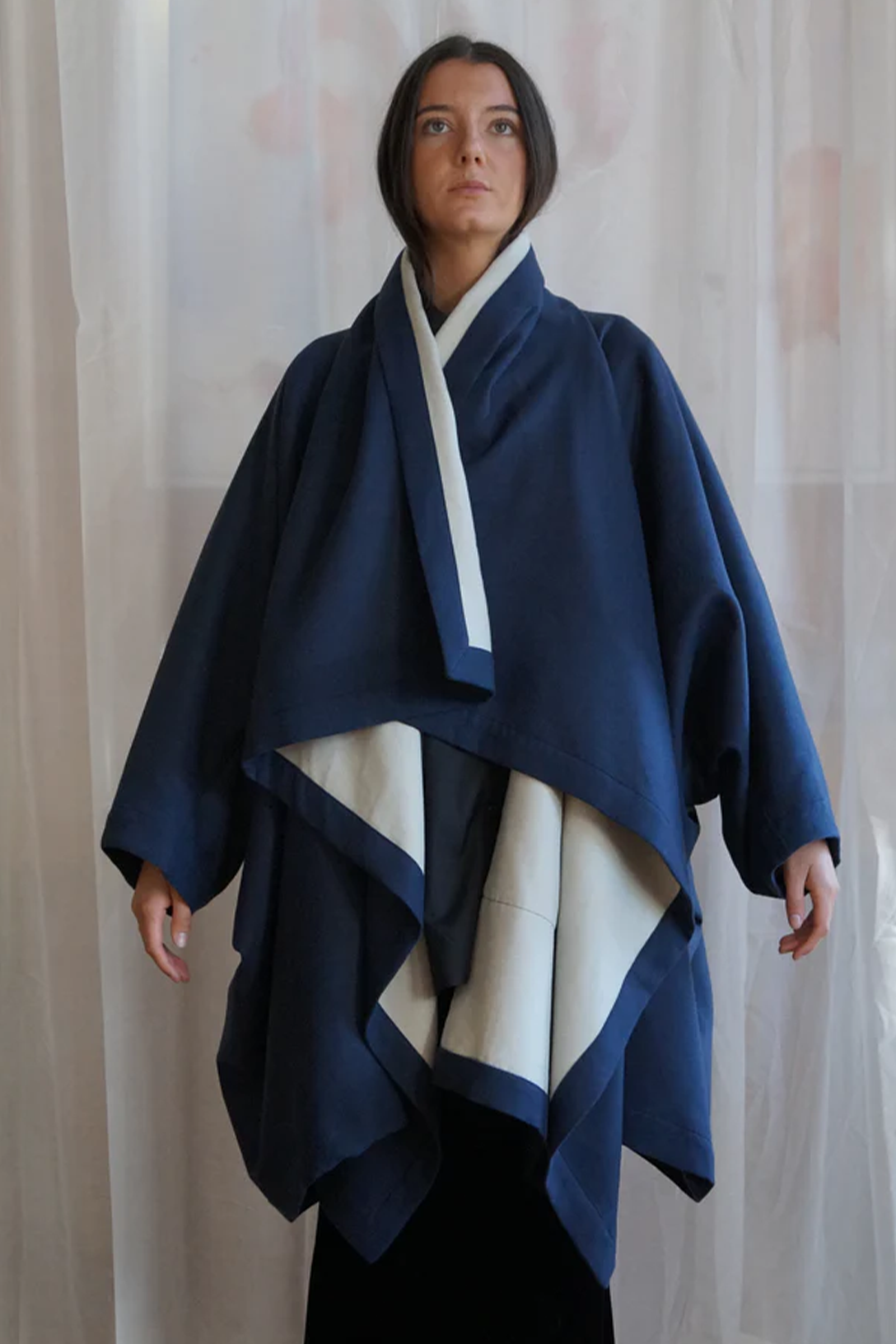 Cape Coat Blue cream Wool Silk The Shelter